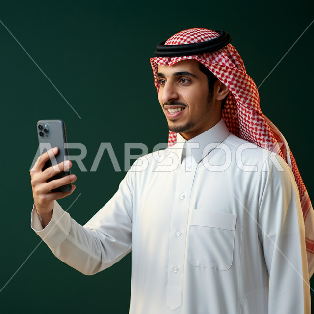 تصفح مواقع الانترنت عبر الهاتف المحمول, الدردشة مع الاصدقاء والاهل, متابعة اخر اخبار مواقع التواصل الاجتماعي، بورتريه مقرب لرجل عربي سعودي خليجي يرتدي الثوب التقليدي يمسك الجوال، قضاء اوقات ممتعة بتبادل والأحاديث، التواصل والاطمئنان على الأصدقاء، خلفية خضراء