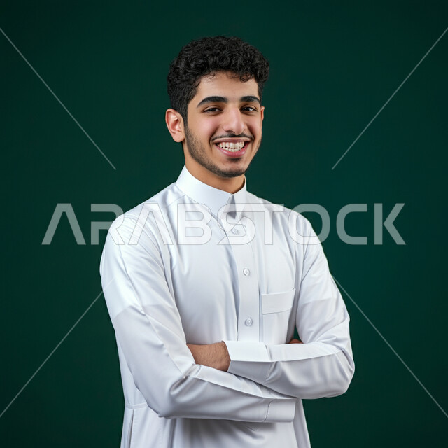 The concept of elegance and masculinity, self-confidence and interest in appearance, close-up portrait of a young Saudi Arabian Gulf man wearing traditional thobe looking at the camera with expressions of happiness and pleasure, standing with crossed hand gestures, green background