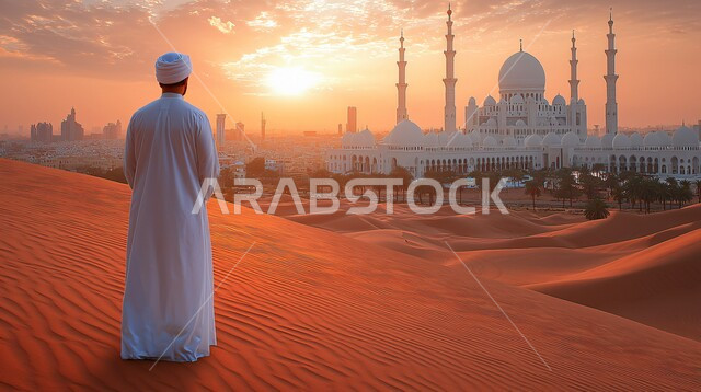 الفن الهندسي المعماري في بناء المساجد على الطراز العربي الإسلامي، صورة من الخلف لرجل عربي خليجي سعودي يرتدي الثوب التقليدي يقف أمام مسجد في الصحراء، دعوة ونداء المسلمين للصلاة، أداء العبادات والتقرب لله تعالى، الاهتمام بالتشجير وزراعة النخيل حول دور العبادة