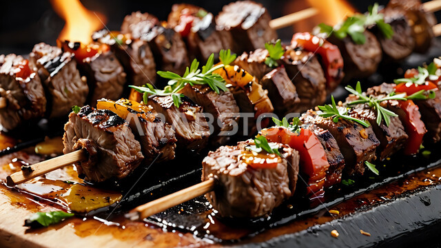 تحضير أطباق اللحوم المشوية على النار والفحم، أسياخ لحم البقر مع الخضراوات، فن الطهي والشواء ووصفات الأطعمة الشرقية، وجبات طعام لذيذة صحية، مطاعم الوجبات والمأكولات السريعة في المملكة العربية السعودية