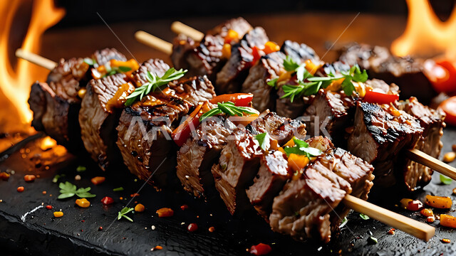 تحضير أطباق اللحوم المشوية على النار والفحم، أسياخ لحم البقر مع الخضراوات، فن الطهي والشواء ووصفات الأطعمة الشرقية، وجبات طعام لذيذة صحية، مطاعم الوجبات والمأكولات السريعة في المملكة العربية السعودية