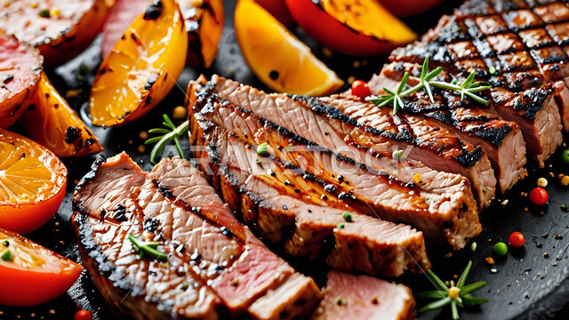 وصفات اللحوم الغنية بالبروتين, مطاعم و مطابخ المملكة العربية السعودية, فنون تقديم الأطعمة الشرقية, مأكولات صحية شهية, صورة مقربة لطبق من شريحة لحم الضأن المشوي المتبلة بالبهارات والمقدمة مع الخضروات