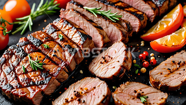 وصفات اللحوم الغنية بالبروتين, مطاعم و مطابخ المملكة العربية السعودية, فنون تقديم الأطعمة الشرقية, مأكولات صحية شهية, صورة مقربة لطبق من شريحة لحم الضأن المشوي المتبلة بالبهارات والمقدمة مع الخضروات