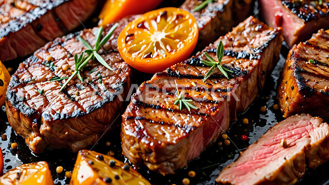 Protein rich meat recipes, Saudi Arabia restaurants and kitchens, Oriental food presentation arts, delicious healthy foods, close-up of a plate of grilled lamb steak seasoned with spices and served with vegetables