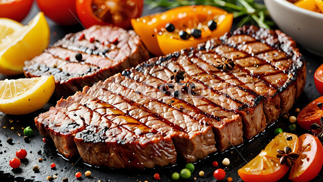 وصفات اللحوم الغنية بالبروتين, مطاعم و مطابخ المملكة العربية السعودية, فنون تقديم الأطعمة الشرقية, مأكولات صحية شهية, صورة مقربة لطبق من شريحة لحم الضأن المشوي المتبلة بالبهارات والمقدمة مع الخضروات