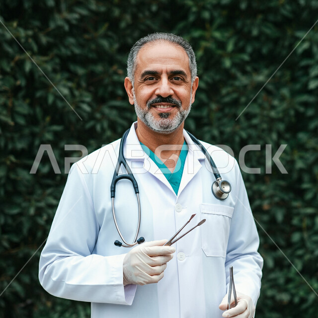  العمل في القطاع الصحي، الفحص الطبي وتقديم الخدمات للمرضى بكل كفاءة، صورة مقربة لطبيب عربي خليجي سعودي مبتسم يرتدي اليونيفورم الخاص بالعمل مع السماعة الطبي يقف باستقامة، مفهوم الطب والرعاية الصحية، النظر الى الكاميرا بتعابير السرور والفرح