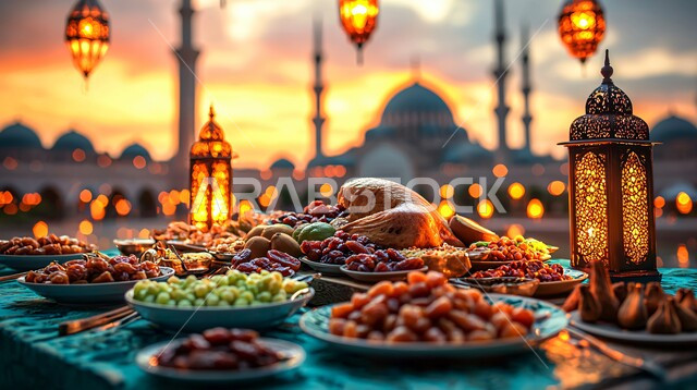 موائد الضيافة الرمضانية الشهية, وجبات الإفطار الخفيفة المفيدة والصحية، الأجواء الروحانية والاحتفال بالمناسبات والأعياد الدينية الاسلامية، ديكورات وزينة رمضان المبارك, تحف واكسسوارت متميزة, فوانيس معدنية تقليدية مضيئة مع أطباق من التمور الطازجة