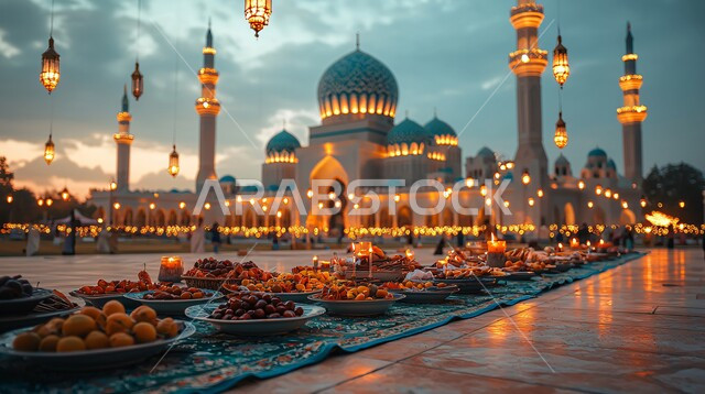 موائد الضيافة الرمضانية الشهية, وجبات الإفطار الخفيفة المفيدة والصحية، الأجواء الروحانية والاحتفال بالمناسبات والأعياد الدينية الاسلامية، ديكورات وزينة رمضان المبارك, تحف واكسسوارت متميزة, فوانيس معدنية تقليدية مضيئة مع أطباق من التمور الطازجة