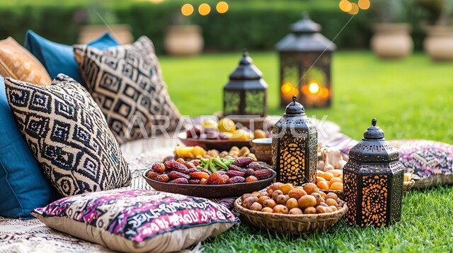  الاستمتاع بالأجواء الروحانية والاحتفال بالمناسبات والأعياد الدينية الاسلامية، فوانيس معدنية تقليدية  مضيئة في الجلسات العربية الخارجية المريحة، ديكورات وزينة رمضان المبارك, تحف واكسسوارت متميزة