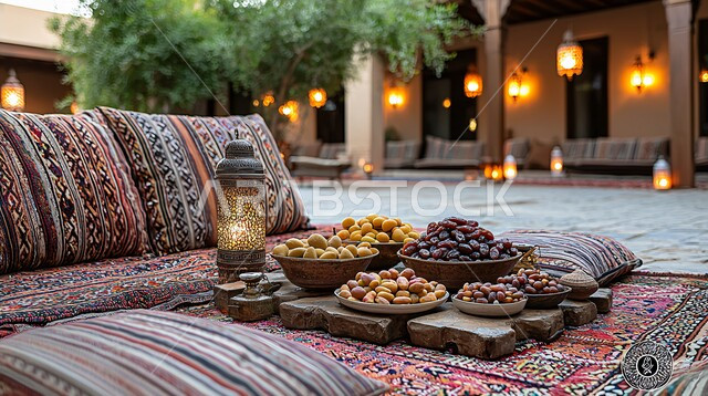  فوانيس معدنية تقليدية معلقة مضيئة في الجلسات العربية الخارجية المريحة، الاستمتاع بالأجواء الروحانية والاحتفال بالمناسبات والأعياد الدينية الاسلامية، ديكورات وزينة رمضان المبارك, تحف واكسسوارت متميزة