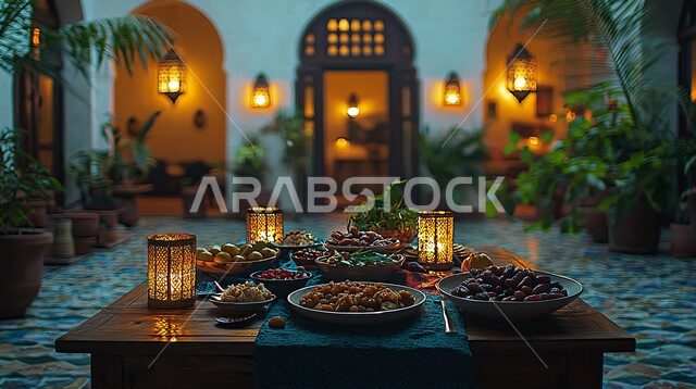 الأجواء الروحانية والاحتفال بالمناسبات والأعياد الدينية الاسلامية، ديكورات وزينة رمضان المبارك, تحف واكسسوارت متميزة, ضيافة رمضانية شهية, فانوس معدني تقليدي مضيء مع طبق من التمر, وجبات الإفطار الخفيفة المفيدة والصحية