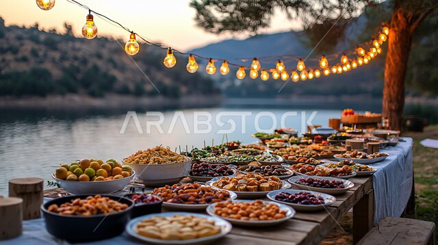Delicious Ramadan hospitality tables, healthy and useful light breakfast meals, spiritual atmosphere and celebration of Islamic religious occasions and holidays, Ramadan decorations and ornaments, distinctive antiques and accessories, traditional illuminated metal lanterns with plates of fresh dates