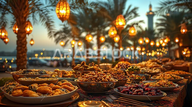 الأجواء الروحانية والاحتفال بالمناسبات والأعياد الدينية الاسلامية، ديكورات وزينة رمضان المبارك, تحف واكسسوارت متميزة, ضيافة رمضانية شهية, فانوس معدني تقليدي مضيء مع طبق من التمر, وجبات الإفطار الخفيفة المفيدة والصحية