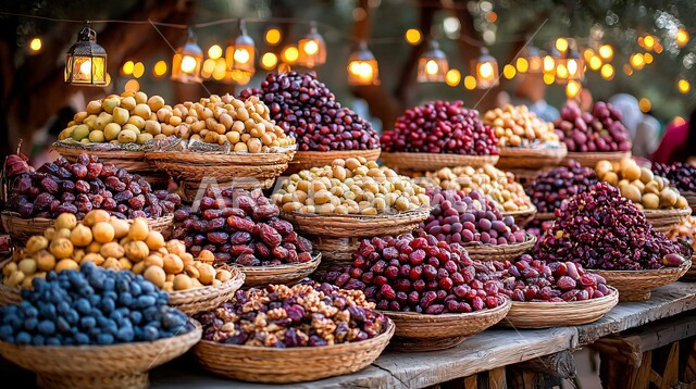 فوانيس معدنية تقليدية مضيئة مع أطباق من التمور الطازجة، موائد الضيافة الرمضانية الشهية, وجبات الإفطار الخفيفة المفيدة والصحية، الأجواء الروحانية والاحتفال بالمناسبات والأعياد الدينية الاسلامية، ديكورات وزينة رمضان المبارك, تحف واكسسوارت متميزة