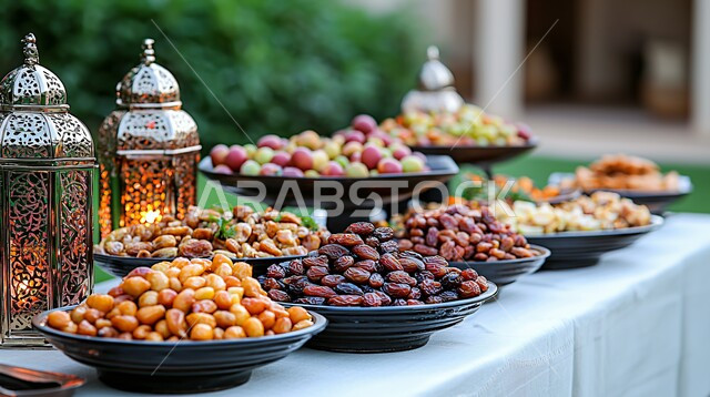 Traditional illuminated metal lanterns with plates of fresh dates, delicious Ramadan hospitality tables, healthy and useful light breakfast meals, spiritual atmosphere and celebration of Islamic religious occasions and holidays, Ramadan decorations and ornaments, distinctive antiques and accessories