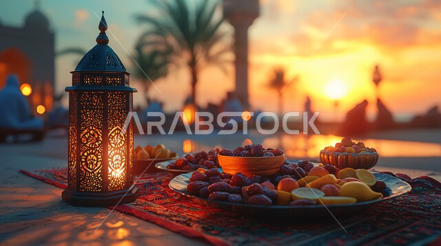 Healthy and beneficial breakfast snacks, spiritual atmosphere and celebration of Islamic religious occasions and holidays, Ramadan decorations and ornaments, distinctive antiques and accessories, delicious Ramadan hospitality, traditional illuminated metal lantern with a plate of dates