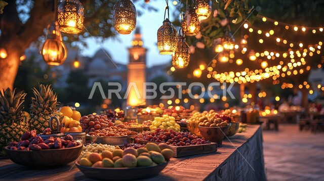 الأجواء الروحانية والاحتفال بالمناسبات والأعياد الدينية الاسلامية، ديكورات وزينة رمضان المبارك, تحف واكسسوارت متميزة, ضيافة رمضانية شهية, فانوس معدني تقليدي مضيء مع طبق من التمر, وجبات الإفطار الخفيفة المفيدة والصحية