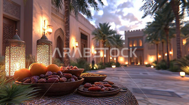 Healthy and beneficial breakfast snacks, spiritual atmosphere and celebration of Islamic religious occasions and holidays, Ramadan decorations and ornaments, distinctive antiques and accessories, delicious Ramadan hospitality, traditional illuminated metal lantern with a plate of dates