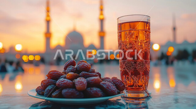 وجبات الإفطار الخفيفة المفيدة والصحية، الأجواء الروحانية والاحتفال بالمناسبات والأعياد الدينية الاسلامية، ديكورات وزينة رمضان المبارك, تحف واكسسوارت متميزة, ضيافة رمضانية شهية, فانوس معدني تقليدي مضيء مع طبق من التمور الطازجة 