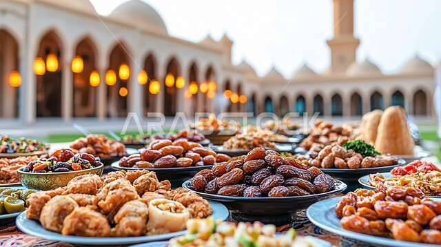 موائد الضيافة الرمضانية الشهية, وجبات الإفطار الخفيفة المفيدة والصحية، الأجواء الروحانية والاحتفال بالمناسبات والأعياد الدينية الاسلامية، ديكورات وزينة رمضان المبارك, تحف واكسسوارت متميزة, فوانيس معدنية تقليدية مضيئة مع أطباق من التمور الطازجة
