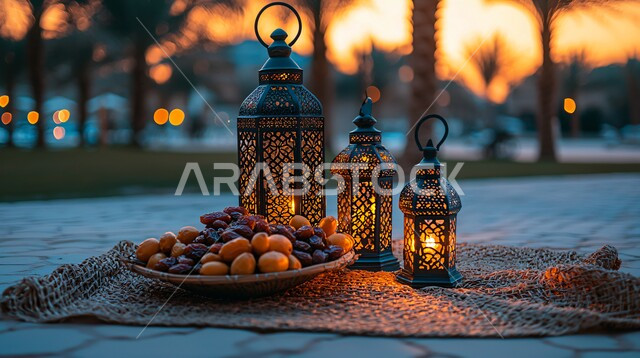 Healthy and beneficial breakfast snacks, spiritual atmosphere and celebration of Islamic religious occasions and holidays, Ramadan decorations and ornaments, distinctive antiques and accessories, delicious Ramadan hospitality, traditional illuminated metal lantern with a plate of dates