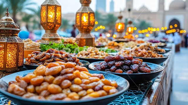 موائد الضيافة الرمضانية الشهية, وجبات الإفطار الخفيفة المفيدة والصحية، الأجواء الروحانية والاحتفال بالمناسبات والأعياد الدينية الاسلامية، ديكورات وزينة رمضان المبارك, تحف واكسسوارت متميزة, فوانيس معدنية تقليدية مضيئة مع أطباق من التمور الطازجة