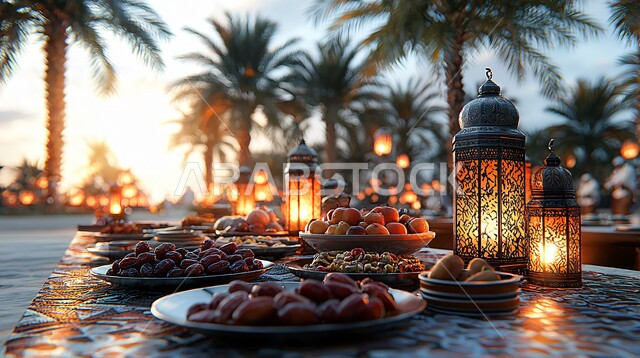 فانوس معدني تقليدي مضيء مع طبق من التمر ، ديكورات وزينة رمضان المبارك, تحف واكسسوارت متميزة, ضيافة رمضانية شهية,  وجبات الإفطار الخفيفة المفيدة والصحية، الأجواء الروحانية والاحتفال بالمناسبات والأعياد الدينية الاسلامية
