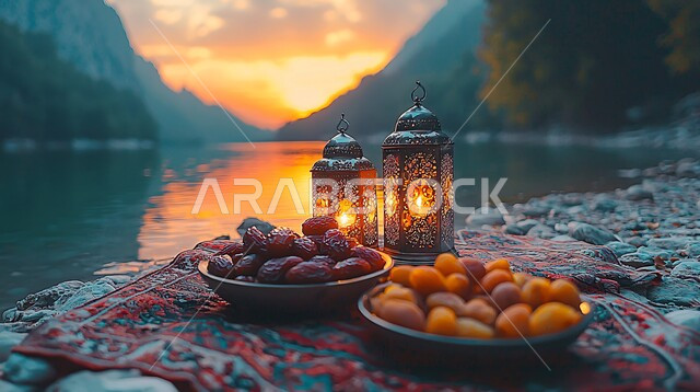 موائد الضيافة الرمضانية الشهية, وجبات الإفطار الخفيفة المفيدة والصحية، الأجواء الروحانية والاحتفال بالمناسبات والأعياد الدينية الاسلامية، ديكورات وزينة رمضان المبارك, تحف واكسسوارت متميزة, فوانيس معدنية تقليدية مضيئة مع أطباق من التمور الطازجة