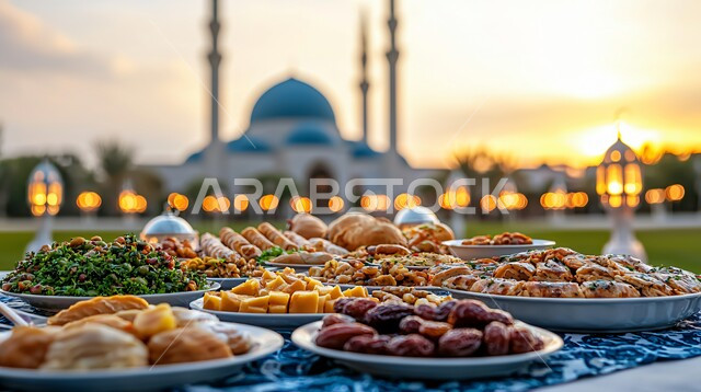 موائد الضيافة الرمضانية الشهية, وجبات الإفطار الخفيفة المفيدة والصحية، الأجواء الروحانية والاحتفال بالمناسبات والأعياد الدينية الاسلامية، ديكورات وزينة رمضان المبارك, تحف واكسسوارت متميزة, فوانيس معدنية تقليدية مضيئة مع أطباق من التمور الطازجة