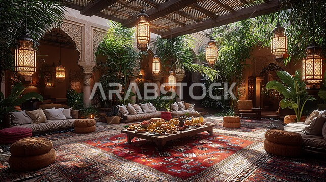  فوانيس معدنية تقليدية معلقة مضيئة في الجلسات العربية الخارجية المريحة، الاستمتاع بالأجواء الروحانية والاحتفال بالمناسبات والأعياد الدينية الاسلامية، ديكورات وزينة رمضان المبارك, تحف واكسسوارت متميزة