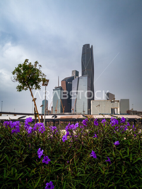 النمو والتطور العمراني في المملكة العربية السعودية، أبراج مركز الملك عبد الله المالي كافد في مدينة الرياض، الفن الهندسي المعماري في بناء ناطحات السحاب والمنشآت التجارية الشاهقة، المعالم الاقتصادية المشهورة، خلفية السماء الملبدة بالغيوم 