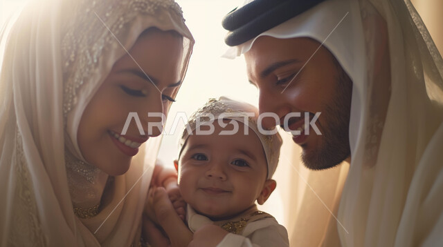  الرعاية والاهتمام بالأطفال، مفهوم الاسرة السعيدة المترابطة ,أجواء أسرية مليئة بالمودة والرحمة, قضاء أوقات عائلية ممتعة، صورة مقربة لعائلة عربية خليجيه سعودية يقضون أوقاتهم سويا, أب وأم يحتضنان طفلتهما الرضيعة بحب وحنان، مفهوم الأمان و العطف على الأبناء