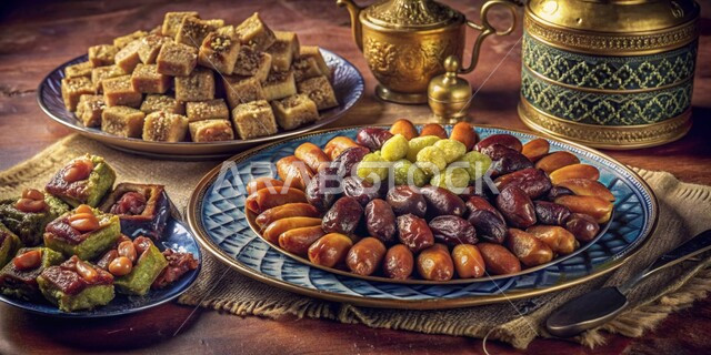 محاصيل و ثمار زراعية محلية وطنية، حبات التمر من أشجار نخيل المملكة، ضيافة لذيذة في المناسبات والأعياد الإسلامية، وجبة ذات قيمة غذائية عالية ، صورة مقربة مائدة مليئة بأطبق الطعام الصحي ,أنواع التمور الفاخرة في السعودية