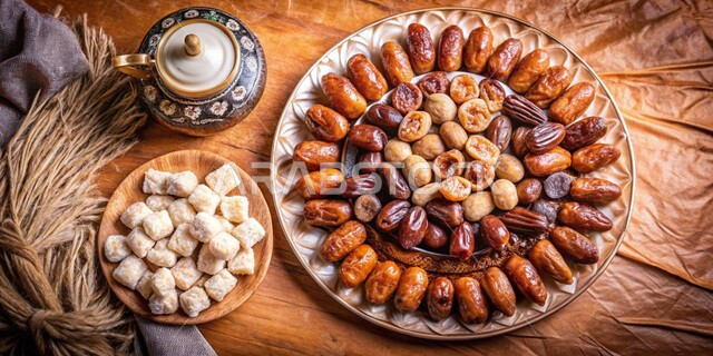 أنواع التمور الفاخرة في السعودية ,ضيافة لذيذة في المناسبات والأعياد الإسلامية، وجبة ذات قيمة غذائية عالية ، صورة من الأعلى لطبق مليء بحبات التمر الصحي من أشجار نخيل المملكة، ثمار ومحاصيل زراعية محلية وطنية