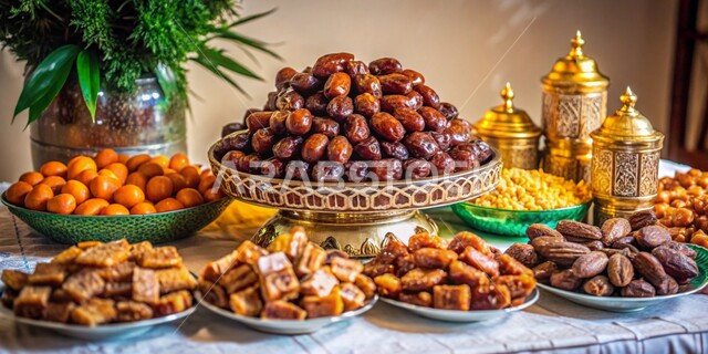 حبات التمر من أشجار نخيل المملكة، ضيافة لذيذة في المناسبات والأعياد الإسلامية، وجبة ذات قيمة غذائية عالية ، صورة مقربة مائدة مليئة بأطبق الطعام الصحي ,ثمار ومحاصيل زراعية محلية وطنية، أنواع التمور الفاخرة في السعودية