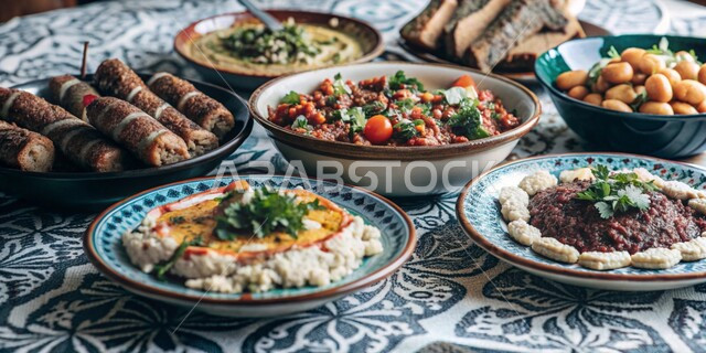 فنون تقديم الطعام التراثي ،مطابخ ووصفات عربية شعبية ، مائدة متنوعة من الأكلات السعودية التقليدية ، مأكولات شرقية متنوعة في المملكة العربية السعودية ،خلفية بساط شعبي مزخرف
