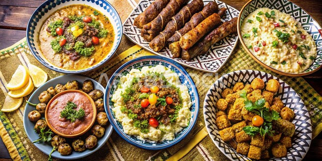 Popular Arab cuisines and recipes, a varied table of traditional Saudi dishes, various oriental foods in the Kingdom of Saudi Arabia, the arts of presenting traditional food, a background of a decorated popular rug