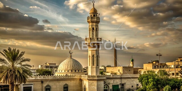  نداء المسلمين لأداء الفرائض والصلوات ,مآذن وقبب المساجد على الطراز الاسلامي، مفهوم العبادة والتقرب إلى الله تعالى، منظر السماء في وقت غروب الشمس، الديكورات والتصاميم الهندسية الدينية المتميزة