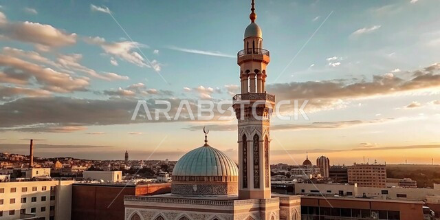 مآذن وقبب المساجد على الطراز الاسلامي، مفهوم العبادة والتقرب إلى الله تعالى، منظر السماء في وقت غروب الشمس، الديكورات والتصاميم الهندسية الدينية المتميزة، نداء المسلمين لأداء الفرائض والصلوات