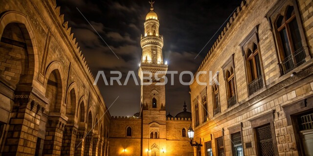 مئذنة أحد المساجد على الطراز الاسلامي في وقت الليل ,الديكورات والتصاميم الهندسية الدينية المتميزة, نداء المسلمين لأداء الفرائض والصلوات، مفهوم العبادة والتقرب إلى الله تعالى