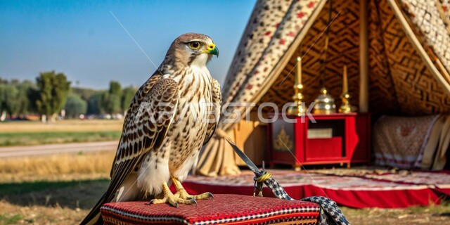  ترسيخ القيم والعادات العربية الأصيلة, طائر الصقر يقف أمام أحد الخيم الشعبية في الصحراء, التمسك بإرث الأجداد في تربية الطيور عبر الأجيال، الاهتمام بتدريب الطيور الجارحة، فن ترويض الطيور المفترسة, حدة بصر الصقور