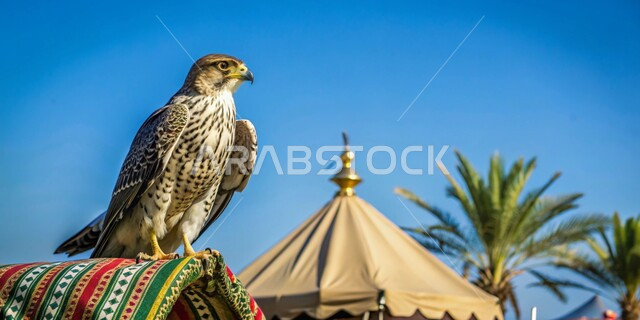 The sharpness of falcons' eyesight, consolidating authentic Arab values ​​and customs, a falcon standing in front of one of the popular tents in the desert, adhering to the ancestors' legacy in raising birds across generations, interest in training birds of prey, the art of taming birds of prey