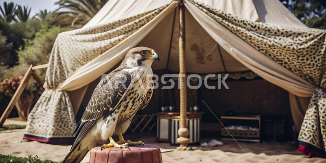 A falcon stands in front of a popular tent in the desert, adhering to the legacy of ancestors in raising birds across generations, interest in training birds of prey, the art of taming predatory birds, consolidating authentic Arab values ​​and customs, the sharpness of falcons' eyesight