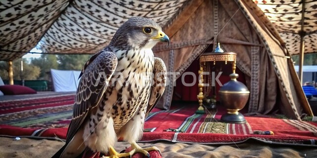 الاهتمام بتدريب الطيور الجارحة، فن ترويض الطيور المفترسة, ترسيخ القيم والعادات العربية الأصيلة, طائر الصقر يقف أمام أحد الخيم الشعبية في الصحراء, التمسك بإرث الأجداد في تربية الطيور عبر الأجيال، حدة بصر الصقور