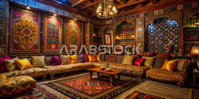 تحف و اكسسوارات عصرية, التصاميم الأنيقة لغرف الجلوس المريحة على الطراز الحديث, غرفة معيشة مع أثاث منزلي فاخر بالألوان الداكنة مع الوسائد الملونة ,الديكورات الداخلية الراقية للفلل والشقق السكنية في المملكة العربية السعودية