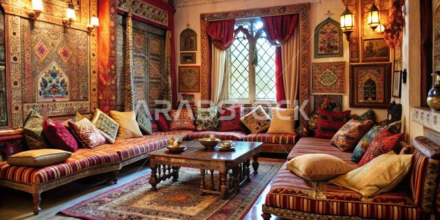 الديكورات الداخلية الراقية للفلل والشقق السكنية في المملكة العربية السعودية، اكسسوارات وتحف عصرية، التصاميم الأنيقة لغرف الجلوس المريحة على الطراز الحديث، غرفة معيشة مع أثاث منزلي فاخر بالألوان الداكنة مع الوسائد الملونة