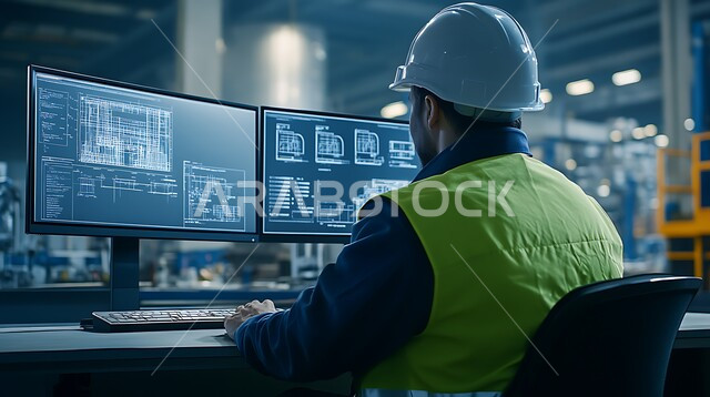 دمج العمل مع التكنولوجيا المتطورة, البحث عن المخططات الهندسيه عبر جهاز الكومبيوتر, صورة من الخلف لمهندس عربي خليجي سعودي يرتدي الخوذة وسترة الحماية يعمل على التصاميم الفنية باستخدام التقنيات الحديثة، مهن ووظائف هندسية سعودية