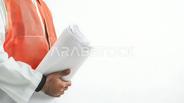 دعم وتنمية القطاع الهندسي، بورتريه مقرب لمهندس عربي خليجي سعودي يرتدي الثوب التقليدي وسترة الحماية يحمل بيده مخطط المشروع، الاشراف على تطبيق الخطط الهندسيه، ادارة المشاريع وتدقيقها، مهن ووظائف هندسية، خلفية بيضاء