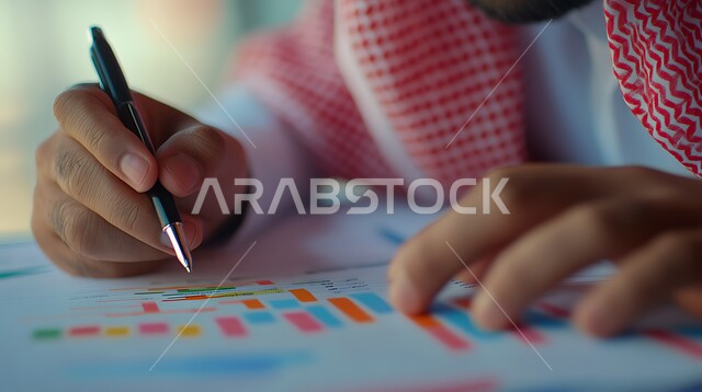 التأكد من تحقيق اهداف العمل، صورة مقربة لرجل أعمال عربي سعودي خليجي يرتدي الثوب التقليدي والشماغ يقوم بتحليل المخططات المالية، مراجعة دقة بيانات خطة الشركة، تطوير خطة وآلية العمل، التحقق والتدقيق في العروض المالية، إنجاز المهام المكتبية
