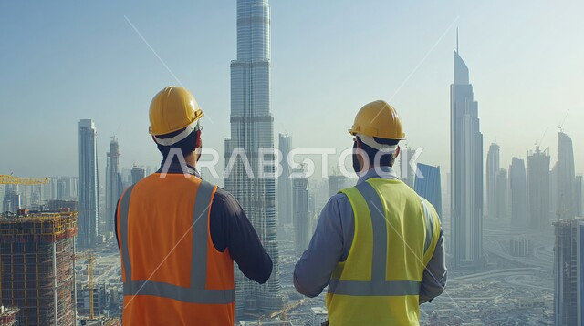 Development and growth of the architectural engineering sector in the Kingdom, supervising projects at the construction site, a picture from the back of two Saudi Arabian Gulf engineers wearing a protective jacket and helmet, Saudi engineering professions and jobs, following the progress of work directly